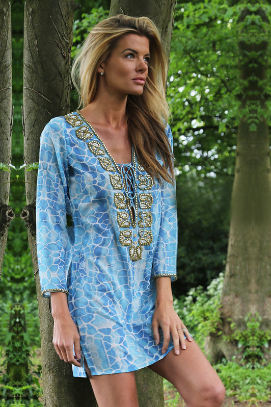 BLUE PEBBLES SILK TAJ KAFTAN