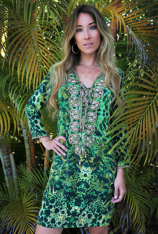 EMERALD LEOPARD SILK TAJ KAFTAN