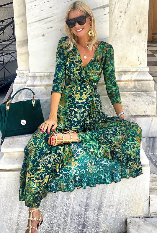 EMERALD LEOPARD RUFFLE WRAP DRESS