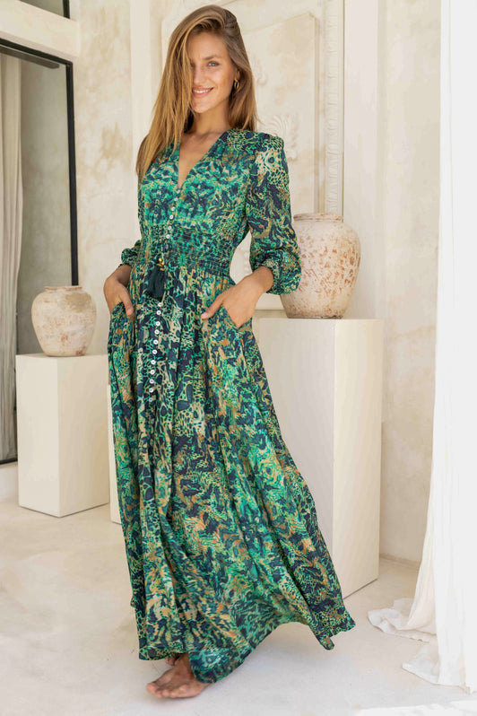 EMERALD LEOPARD ST TROPEZ MAXI DRESS