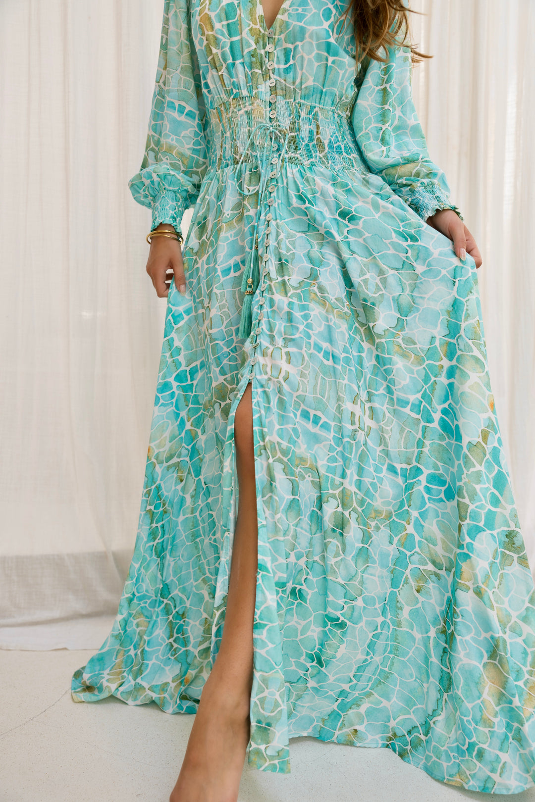 aqua boho dress Barcelona Florals Print Embellished Knit Maxi Dress - Aqua