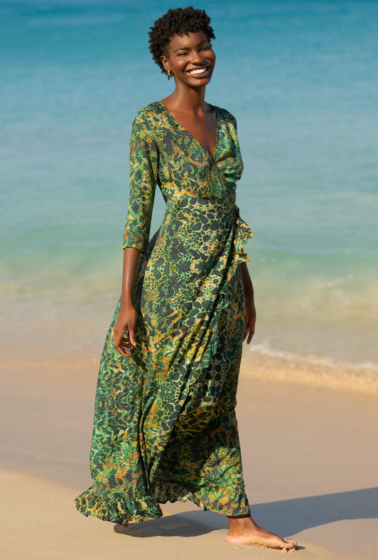 EMERALD LEOPARD RUFFLE WRAP DRESS