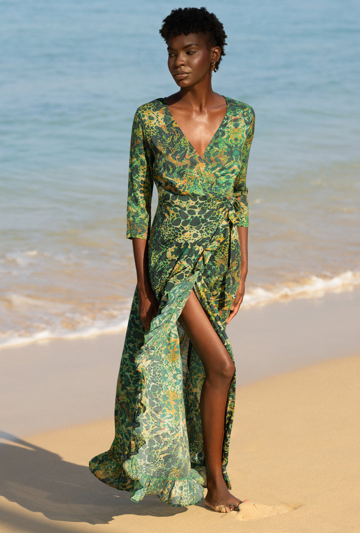 EMERALD LEOPARD RUFFLE WRAP DRESS – Sophia Alexia