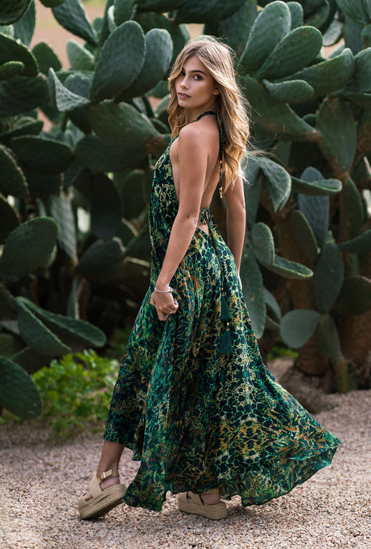 EMERALD LEOPARD SILK IBIZA DRESS